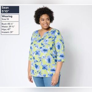 Quacker Factory Something Blue Embellished Printed Top